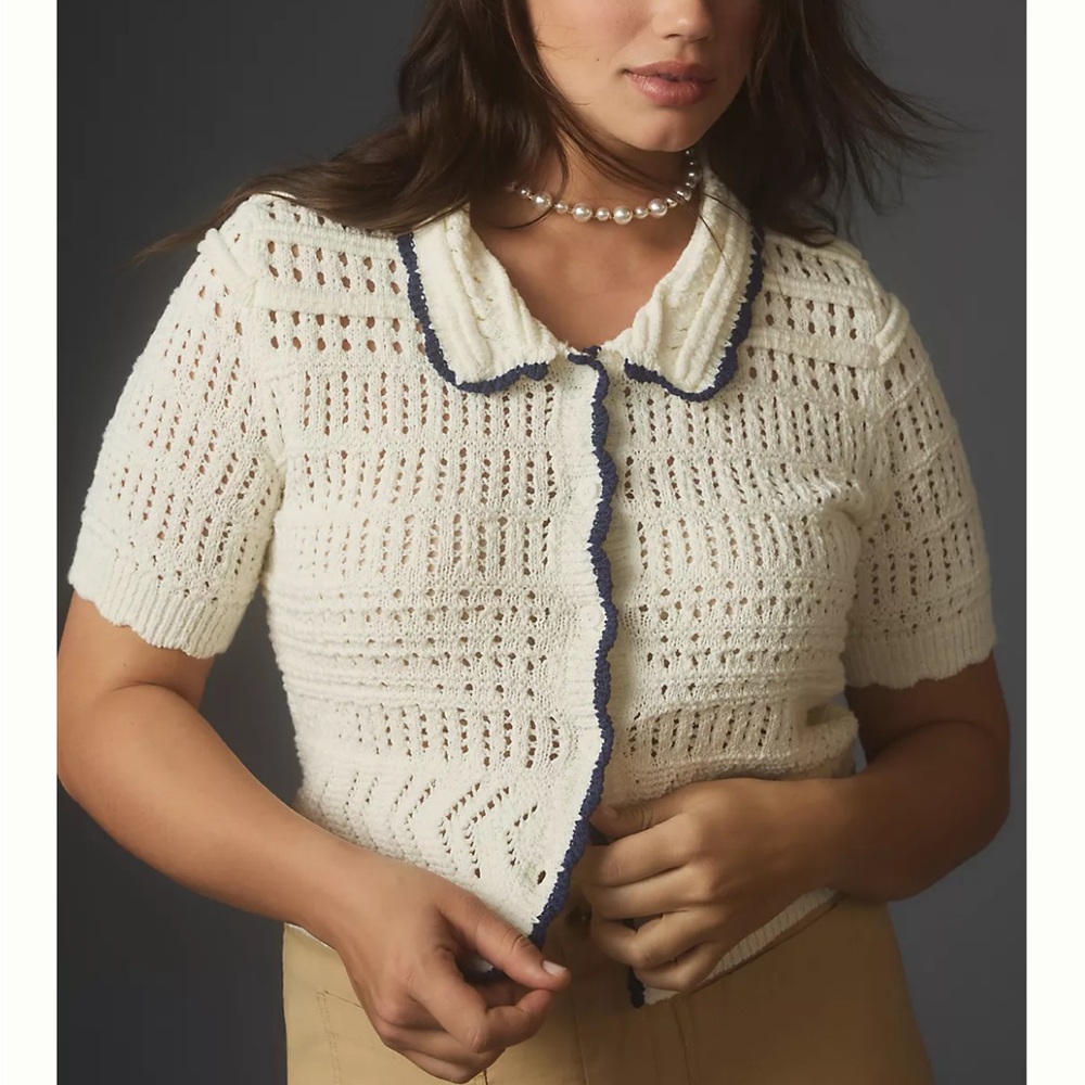Anthropologie Cream Crochet Short-Sleeve Cardigan with Navy Trim